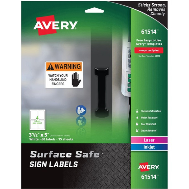 Avery&reg; 3-1/2"x5" Removable Label Safety Signs - 3 1/2" Width x 5" Length - Removable Adhesive - Rectangle - Laser, Inkjet - White - Film - 4 / Sheet - 15 Total Sheets - 60 Total Label(s) - 5 - Water Resistant