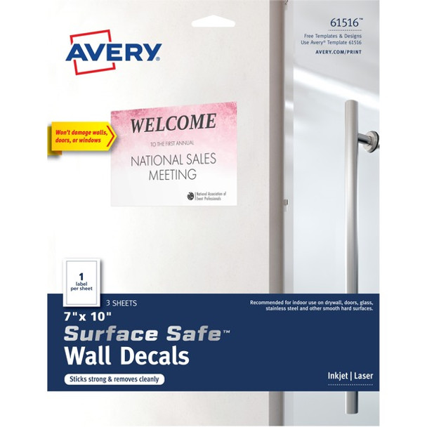 Avery&reg; Surface Safe Multipurpose Label - Removable Adhesive - Laser, Inkjet - White - Film - 1 / Sheet - 15 Total Sheets - 15 Total Label(s) - 5 / Carton - Water Resistant