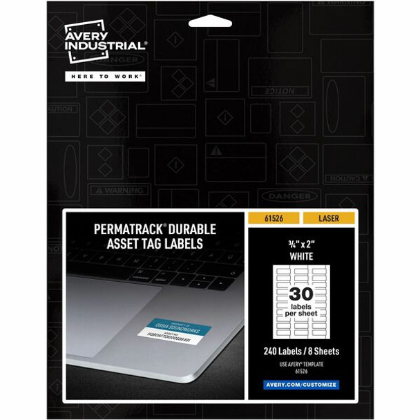 Avery&reg; PermaTrack Durable White Asset Tag Labels, 3/4" x 2" , 240 Asset Tags - 3/4" Width x 2" Length - Permanent Adhesive - Rectangle - Laser - White - Film - 30 / Sheet - 8 Total Sheets - 240 Total Label(s) - 5 - Water Resistant