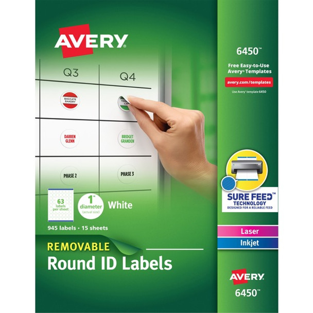 Avery&reg; Multiuse Removable Labels - - Width1" Diameter - Removable Adhesive - Round - Laser, Inkjet - White - Paper - 63 / Sheet - 15 Total Sheets - 945 Total Label(s) - 945 / Pack