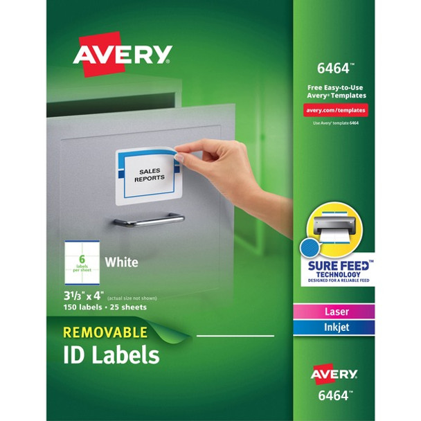 Avery&reg; Removable I.D. Labels - 3 21/64" Width x 4" Length - Removable Adhesive - Rectangle - Laser, Inkjet - White - Paper - 6 / Sheet - 25 Total Sheets - 150 Total Label(s) - 150 / Pack