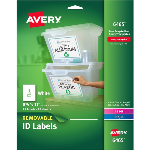 Avery&reg; ID Label - 8 1/2" Width x 11" Length - Removable Adhesive - Rectangle - Laser, Inkjet - White - Paper - 1 / Sheet - 25 Total Sheets - 25 Total Label(s) - 5