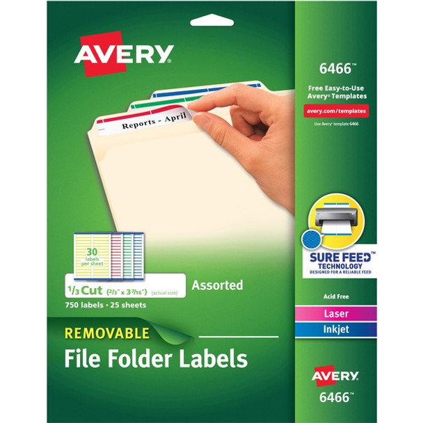 Avery&reg; Removable Laser/Inkjet Filing Labels - 21/32" Width x 3 7/16" Length - Removable Adhesive - Rectangle - Laser, Inkjet - Blue, Green, Red, White, Yellow - Paper - 30 / Sheet - 25 Total Sheets - 750 Total Label(s) - 750 / Pack