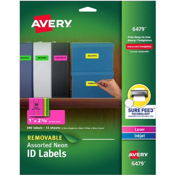 Avery&reg; Multipurpose Label - 1" Width x 2 5/8" Length - Removable Adhesive - Rectangle - Laser, Inkjet - Neon Green, Neon Magenta, Neon Yellow - Paper - 30 / Sheet - 12 Total Sheets - 360 Total Label(s) - 360 / Pack