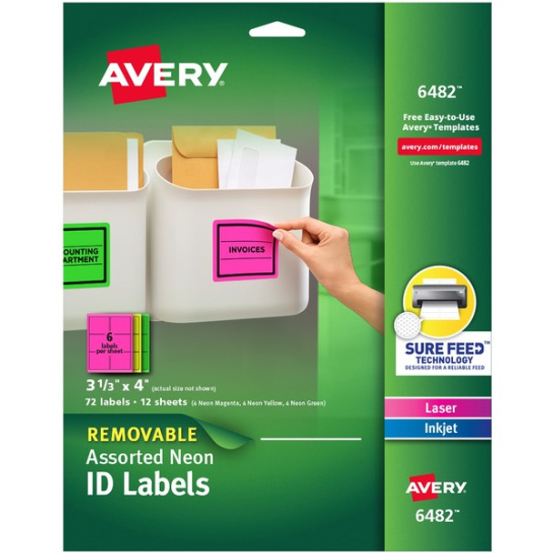 Avery&reg; ID Labels - 3 1/2" Width x 4" Length - Removable Adhesive - Rectangle - Laser, Inkjet - Neon Green, Neon Magenta, Neon Yellow - Paper - 6 / Sheet - 12 Total Sheets - 120 Total Label(s) - 72 / Pack