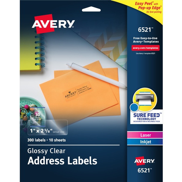 Avery&reg; Easy Peel High Gloss Clear Mailing Labels - 1" Width x 2 5/8" Length - Permanent Adhesive - Rectangle - Laser, Inkjet - Clear - Film - 30 / Sheet - 10 Total Sheets - 300 Total Label(s) - 300 / Pack