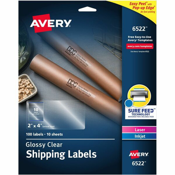 Avery&reg; Glossy Clear Shipping Labels, Sure Feed&reg; Technology, Laser/Inkjet, 2" x 4" , 100 Labels (6522) - Avery&reg; Shipping Labels, Glossy Clear, 2" x 4" , 100 Labels (6522)