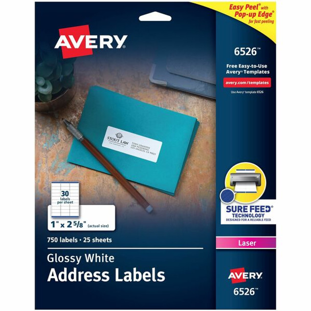 Avery&reg; Address Labels with Sure Feed&reg; and Easy Peel&reg; Technology, Glossy White Labels, 1" x 2-5/8" , Permanent, Laser Only, 750 Glossy Labels (6526) - Avery&reg; Address Labels, Glossy White, 1" x 2-5/8" , 750 Total (6526)