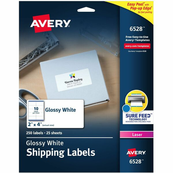 Avery&reg; Shipping Labels with Sure Feed&reg; and Easy Peel&reg; Technology, Glossy White Labels, 2" x 4" , Permanent Adhesive, Laser Only, 250 Glossy Labels (6528) - Avery&reg; Shipping Labels, Glossy White, 2" x 4" , 250 Total (6528)