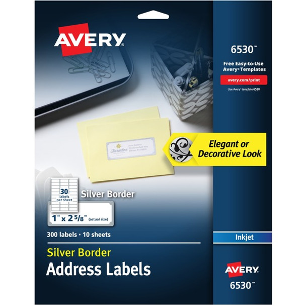 Avery&reg; Easy Peel Address Label - 1" Width x 2 5/8" Length - Permanent Adhesive - Rectangle - Inkjet - White, Silver - Paper - 30 / Sheet - 10 Total Sheets - 300 Total Label(s) - 5