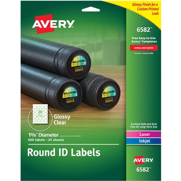 Avery&reg; Glossy Permanent Multipurpose Round Labels - - Width1 5/8" Diameter - Permanent Adhesive - Round - Laser, Inkjet - Clear - Film - 20 / Sheet - 25 Total Sheets - 500 Total Label(s) - 5