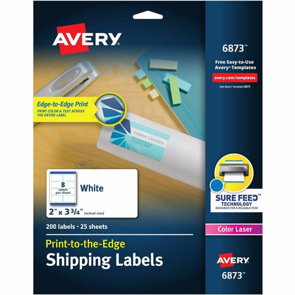 Avery&reg; Shipping Labels with Sure Feed&reg; for Color Laser Printers, Print-to-the-Edge , 2" x 3-3/4" , 200 White Labels (6873) - Avery&reg; Shipping Labels, Sure Feed, 2" x 3-3/4" , 200 Labels (6873)