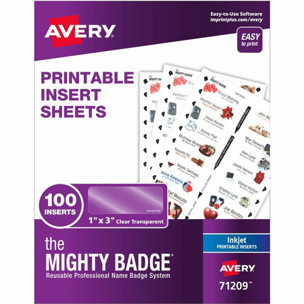 The Mighty Badge&reg; The Mighty Badge Printable Insert Sheets, 100 Clear Inserts, Inkjet - 1" x 3" - 100 / Pack - Printable, Non-adhesive, Reusable - Clear