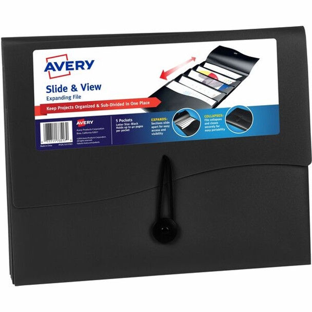 Avery&reg; Letter Expanding File - 8 1/2" x 11" - 200 Sheet Capacity - 5 Pocket(s) - Black - 1 Each