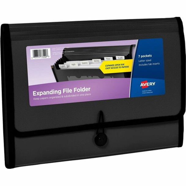 Avery&reg; Letter, A4 Recycled Expanding File - 425 Sheet Capacity - 7 Pocket(s) - Polypropylene, Plastic, Fabric - Black - 100% Recycled