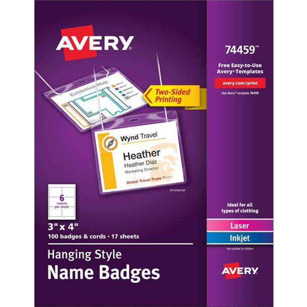 Avery&reg; Hanging-Style Name Badges - 4" x 3" - 100 / Box - Printable, Durable, Micro Perforated, PVC-free - White