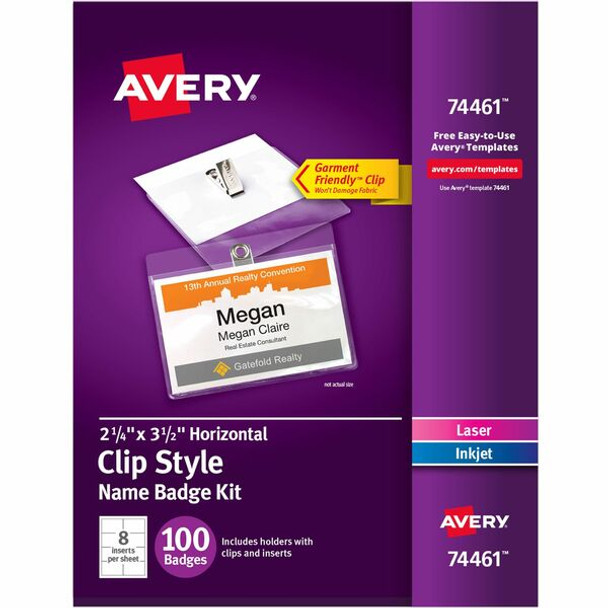 Avery&reg; Clip-Style Name Badges - 3 1/2" x 2 1/4" - 100 / Box - Durable, Reusable, Printable - White