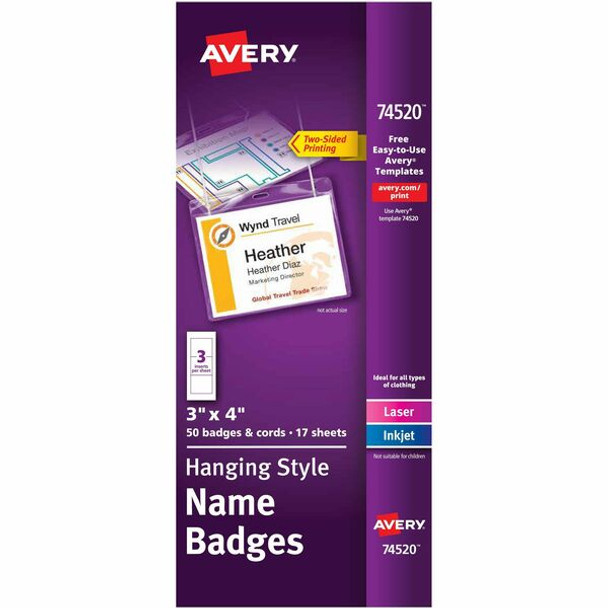 Avery&reg; Hanging Style Name Badges - 4" x 3" - 50 / Box - Durable, Micro Perforated, Printable, PVC-free - White