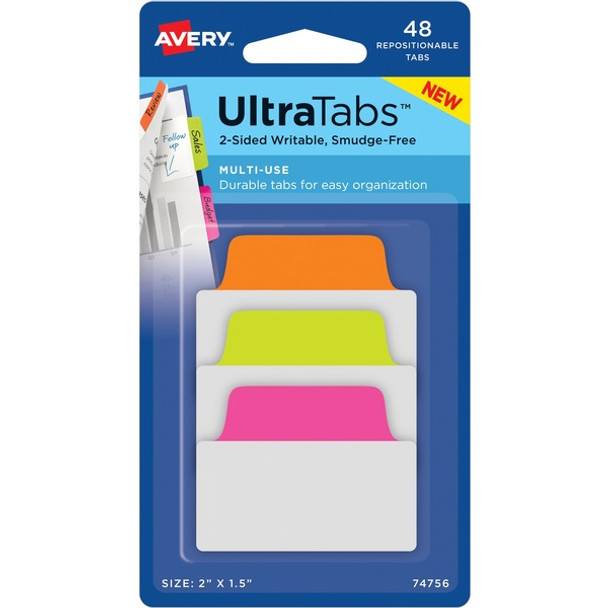 Avery&reg; 2" Multi-use Ultra Tabs - 48 Tab(s) - 1.50" Tab Height x 2" Tab Width - Clear Film, Neon Pink Paper, Neon Green, Neon Orange Tab(s) - 48 / Pack