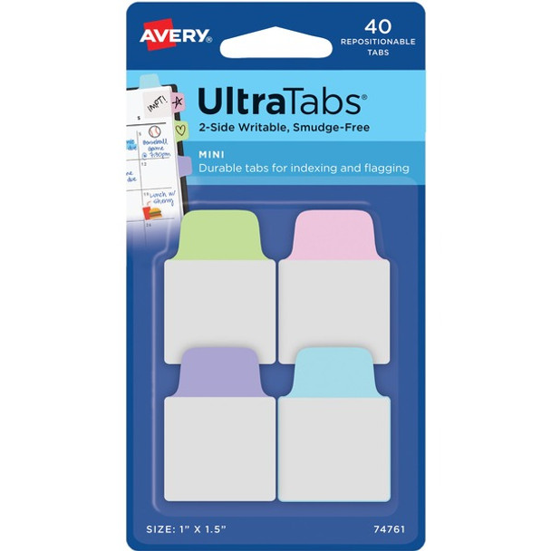 Avery&reg; Ultra Tabs File Tab - 40 Tab(s) - 1.50" Tab Height x 1" Tab Width - Clear Film, Pastel Purple Paper, Pastel Blue, Pastel Pink, Pastel Green Tab(s) - 72 / Carton