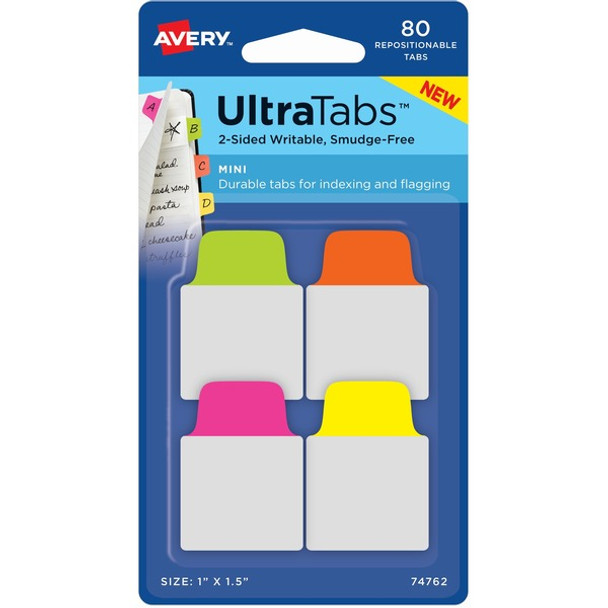 Avery&reg; Mini Ultra Tabs - 80 Tab(s) - 1.50" Tab Height x 1" Tab Width - Clear Film, Neon Pink Paper, Neon Yellow, Neon Green, Neon Orange Tab(s) - 80 / Pack