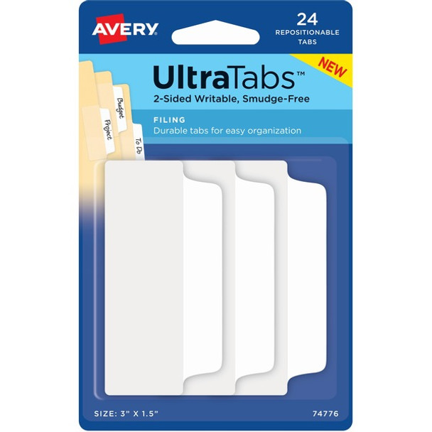 Avery&reg; UltraTabs Filing Tabs - 24 Tab(s) - 1.50" Tab Height x 3" Tab Width - Clear Film, White Paper Tab(s) - 24 / Pack