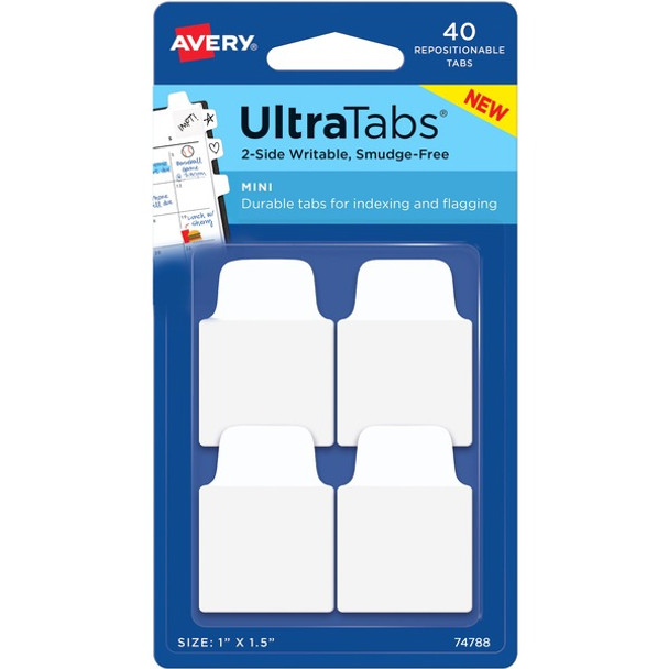 Avery&reg; Ultra Tabs Repositionable Mini Tabs - 40 Tab(s) - 10 Tab(s)/Set - Clear Film, White Paper Tab(s) - 4