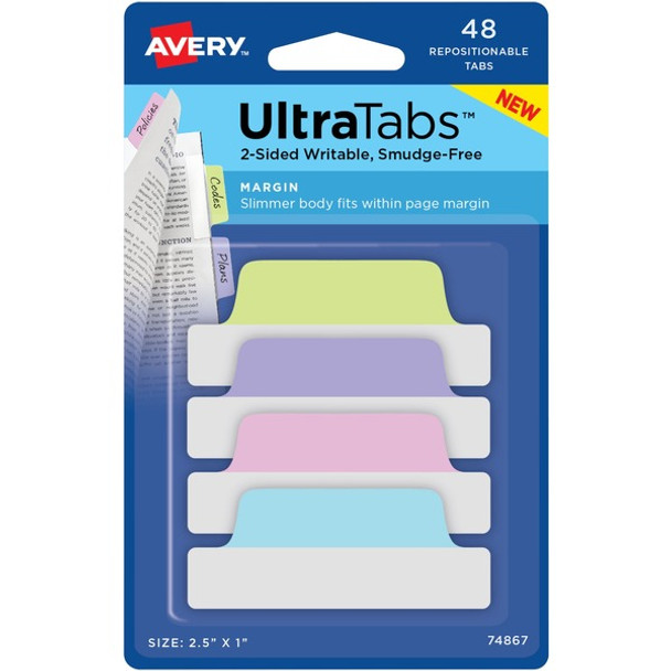 Avery&reg; UltraTabs Repositionable Margin Tabs - 48 Tab(s) - 1" Tab Height x 2.50" Tab Width - Clear Film, Pastel Blue Paper, Pastel Pink, Pastel Purple, Pastel Green Tab(s) - 48 / Pack