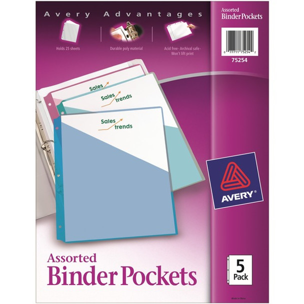 Avery&reg; Durable Letter Vinyl File Pocket - 8 1/2" x 11" - 20 Sheet Capacity - 3 Pocket(s) - Polypropylene - Assorted - 5 / Pack