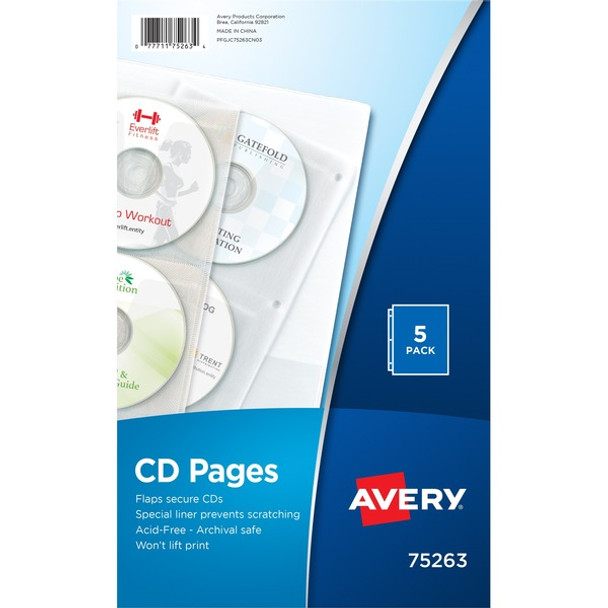 Avery&reg; CD Pages - 4 x CD/DVD Capacity - 3 x Holes - Ring Binder - Top Loading - Clear - Polypropylene - 5 / Pack