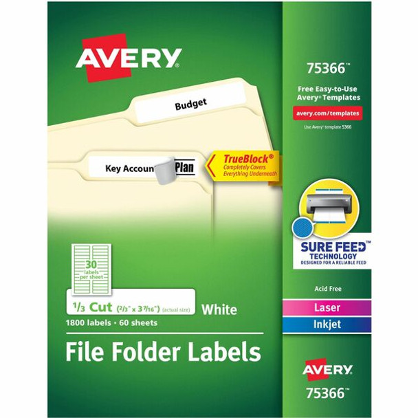 Avery&reg; TrueBlock File Folder Labels - 21/32" Width x 3 7/16" Length - Permanent Adhesive - Rectangle - Laser, Inkjet - White - Paper - 30 / Sheet - 60 Total Sheets - 1800 Total Label(s) - 5