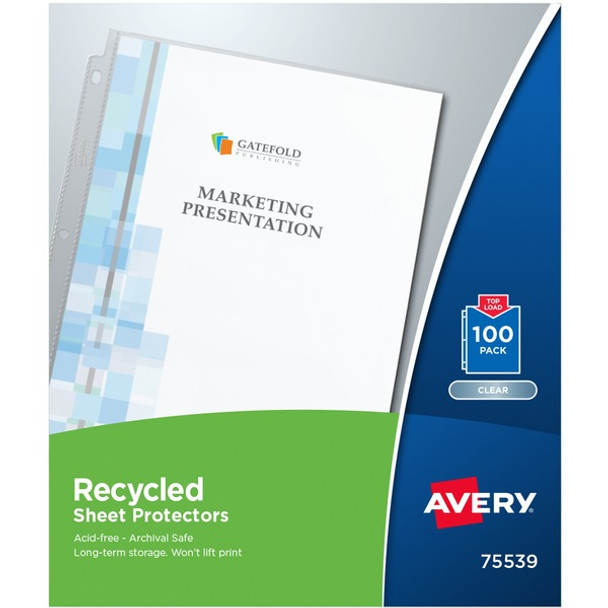 Avery&reg; Recycled Sheet Protectors - Acid-free, Archival-Safe, Top-Loading - 12" Height x 9.8" Width - Sheet Capacity - For Letter 8 1/2" x 11" Sheet - 3 x Holes - Ring Binder - Top Loading - Clear - Polypropylene - 100 / Box