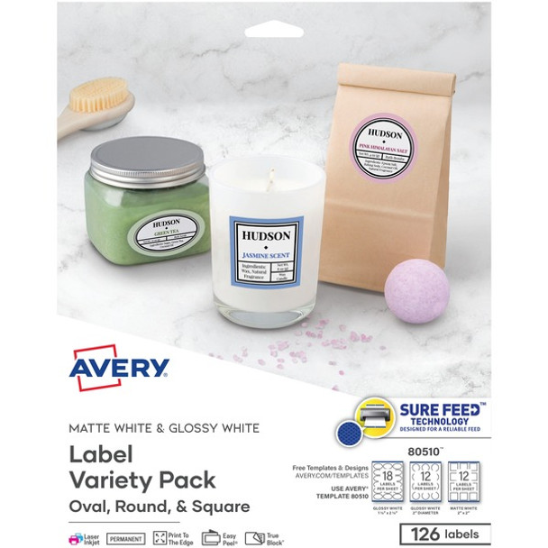 Avery&reg; Sure Feed Label Variety Pack - Permanent Adhesive - Assorted, Round, Oval, Square - Laser, Inkjet - White - Paper - 14 / Sheet - 48 Total Sheets - 630 Total Label(s) - 5 / Carton