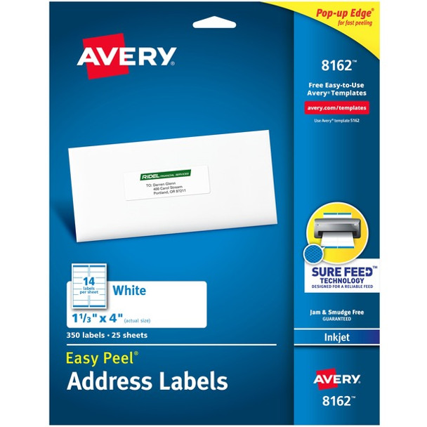 Avery&reg; Easy Peel White Inkjet Mailing Labels - 1 21/64" Width x 4" Length - Permanent Adhesive - Rectangle - Inkjet - White - Paper - 14 / Sheet - 25 Total Sheets - 350 Total Label(s) - 5