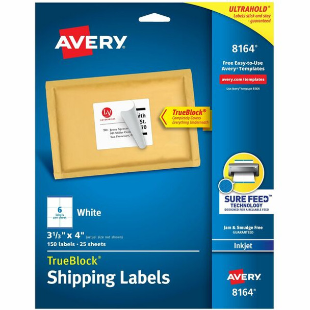 Avery&reg; TrueBlock&reg; Shipping Labels, Sure Feed&reg; Technology, Permanent Adhesive, 3-1/3" x 4" , 150 Labels (8164) - Avery&reg; Shipping Labels, Sure Feed, 3-1/3" x 4" , 150 White Labels (8164)