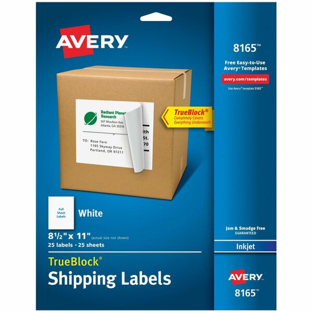 Avery&reg; Shipping Address Labels, Inkjet Printers, 25 Labels, Full Sheet Labels, Permanent Adhesive, TrueBlock&reg; (8165) - Avery TrueBlock Shipping Labels, 8-1/2" x 11" , 25 Labels (8165)