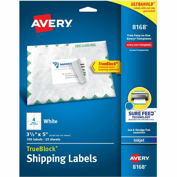 Avery&reg; TrueBlock&reg; Shipping Labels, Sure Feed&reg; Technology, Permanent Adhesive, 3-1/2" x 5" , 100 Labels (8168) - Avery&reg; Shipping Labels, Sure Feed, 3-1/2" x 5" , 100 Labels (8168)