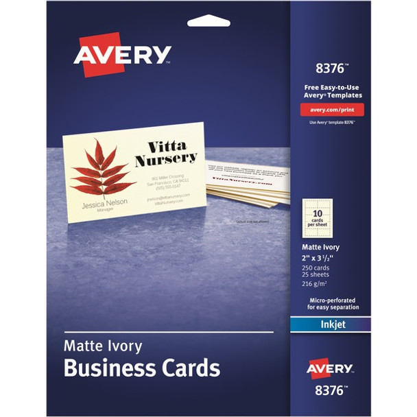 Avery&reg; 2" x 3.5" Ivory Business Cards, Sure Feed(TM), 250 (8376) - 79 Brightness - A8 - 3 1/2" x 2" - 80 lb Basis Weight - Matte - 250 / Pack - Perforated, Heavyweight, Rounded Corner - Ivory