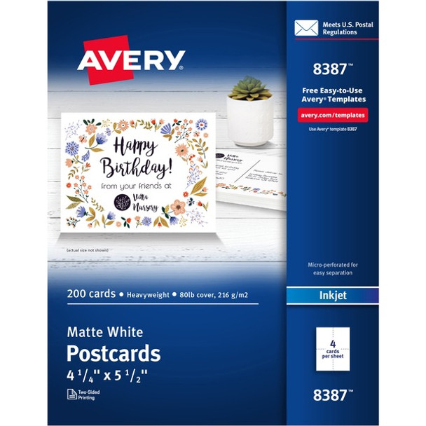 Avery&reg; Postcards - 97 Brightness - 5 1/2" x 4 1/4" - Matte - 200 / Box - Perforated, Heavyweight, Rounded Corner, Smudge-free, Jam-free - White