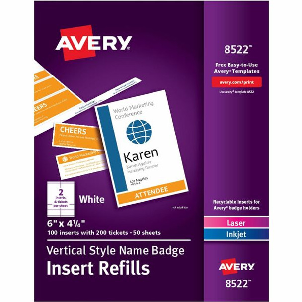 Avery&reg; Vertical Style Name Badge with Insert Refills - 1 / Box - 4.3" Width - Rectangular Shape - Printable, Insertable, Printable, Easy to Use, Laminated, Micro Perforated, Recyclable - White