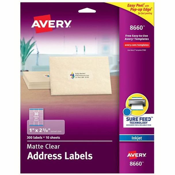 Avery&reg; Easy Peel Inkjet Printer Mailing Labels - 1" Width x 2 5/8" Length - Permanent Adhesive - Rectangle - Inkjet - Clear - Film - 30 / Sheet - 25 Total Sheets - 750 Total Label(s) - 750 / Pack
