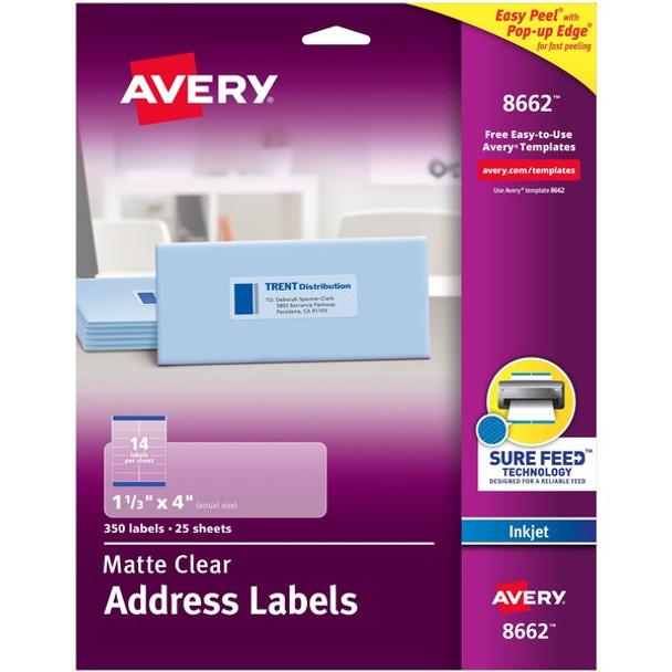 Avery&reg; Easy Peel Inkjet Printer Mailing Labels - 1 21/64" Width x 4" Length - Permanent Adhesive - Rectangle - Inkjet - Clear - Film - 14 / Sheet - 25 Total Sheets - 350 Total Label(s) - 5