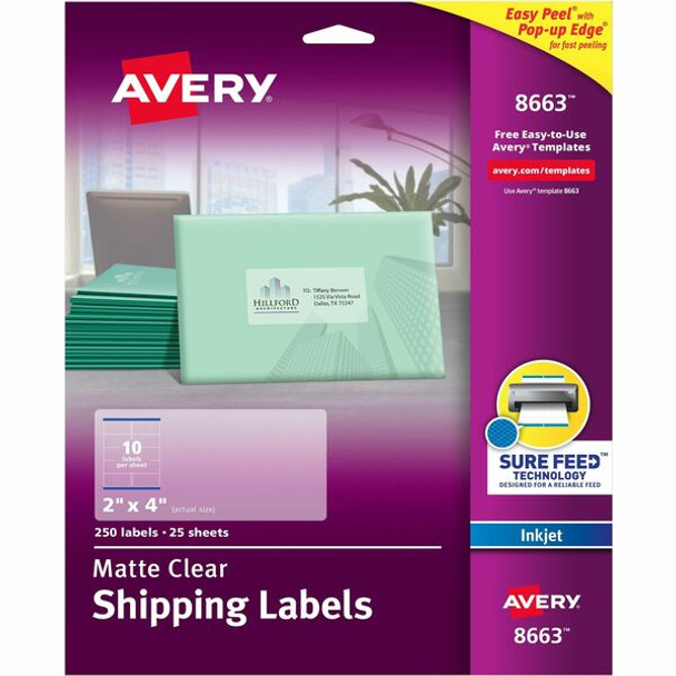 Avery&reg; Matte Clear Shipping Labels, Sure Feed&reg; Technology, Inkjet, 2" x 4" , 250 Labels (8663) - Avery&reg; Clear Shipping Labels, Sure Feed, 2" x 4" , 250 Labels (8663)