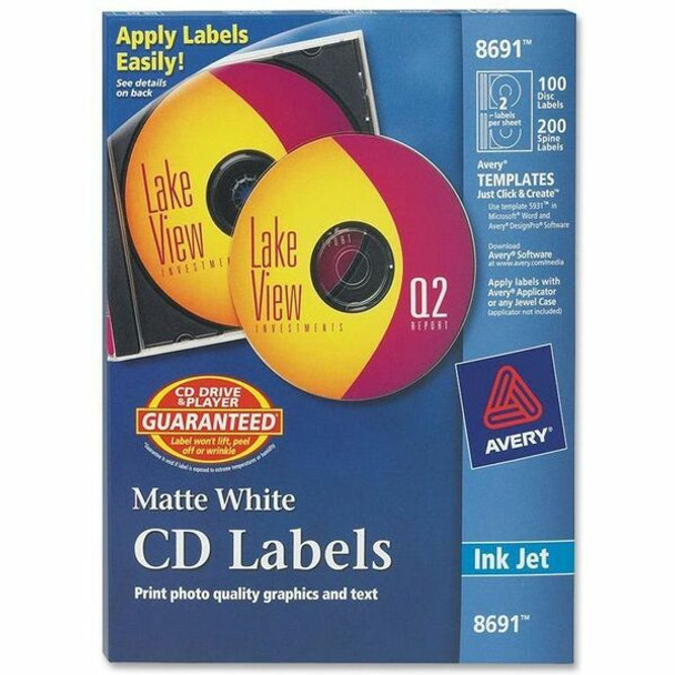 Avery&reg; Clear CD/DVD Inkjet Matte Labels - Matte White - 300 Total Label(s) - 100 / Pack