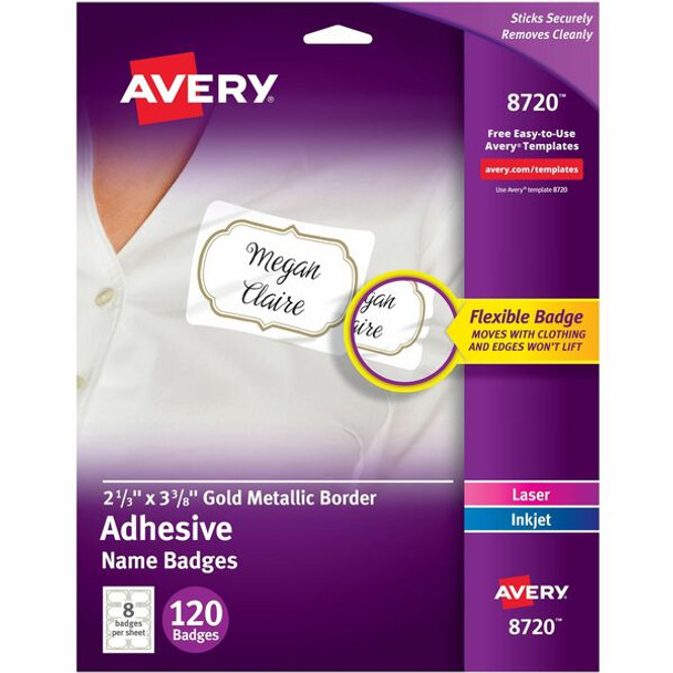 Avery&reg; Self-Adhesive Removable Name Tag Labels with Gold Metallic Border - 120 / Pack - 2.33" Holding Width x 3.38" Holding Height - Rectangular Shape - Flexible, Self-adhesive, Removable, Printable, PVC-free - White