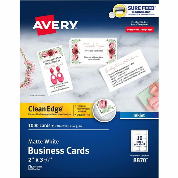 Avery&reg; Clean Edge Business Cards - 110 Brightness - 2" x 3 1/2" - Matte - 1000 / Box - Heavyweight, Rounded Corner, Smooth Edge, Jam-free, Smudge-free - White