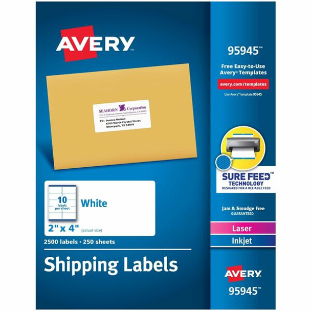 Avery&reg; Shipping Labels, Sure Feed&reg; Technology, Permanent Adhesive, 2" x 4" , 2,500 Labels (95945) - Avery&reg; Shipping Labels, Sure Feed, 2"x4" , 2500 Glossy Labels (95945)