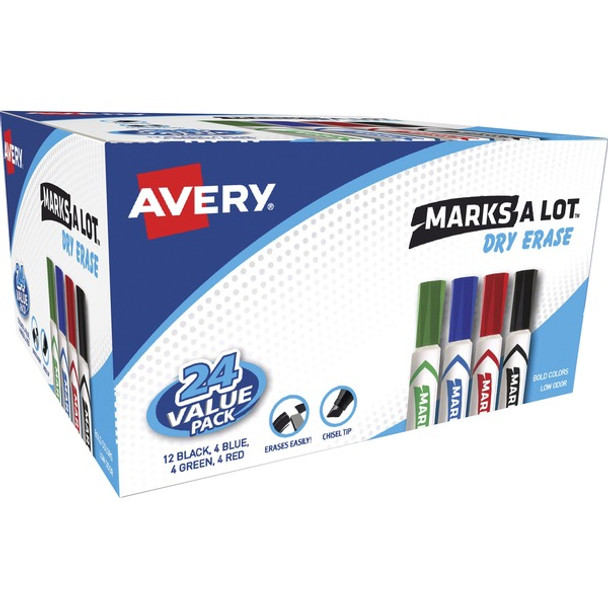 Avery&reg; Marks A Lot Desk-Style Dry-Erase Markers - Chisel Marker Point Style - Black, Blue, Green, Red - 24 / Box