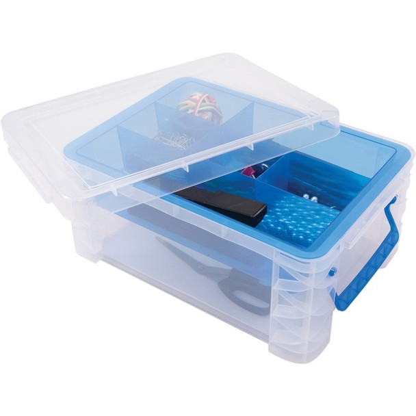 Advantus Super Stacker Divided Supply Box - External Dimensions: 14.3" Length x 10.3" Width x 6.5" Height - Lid Lock Closure - Stackable - Plastic - Clear, Blue - For Pen/Pencil, Paper Clip, Rubber Band - 1 Each