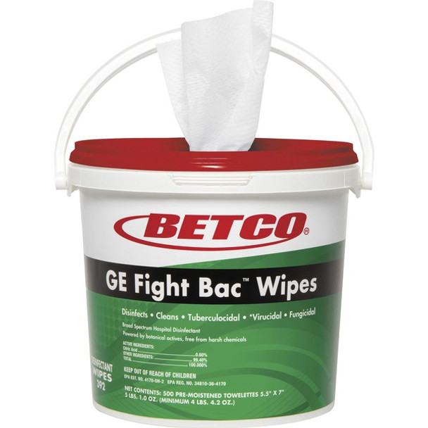 Betco GE Fight Bac Disinfectant Wipes - 7" Length x 5.50" Width - 500 / Tub - 1 Each - White